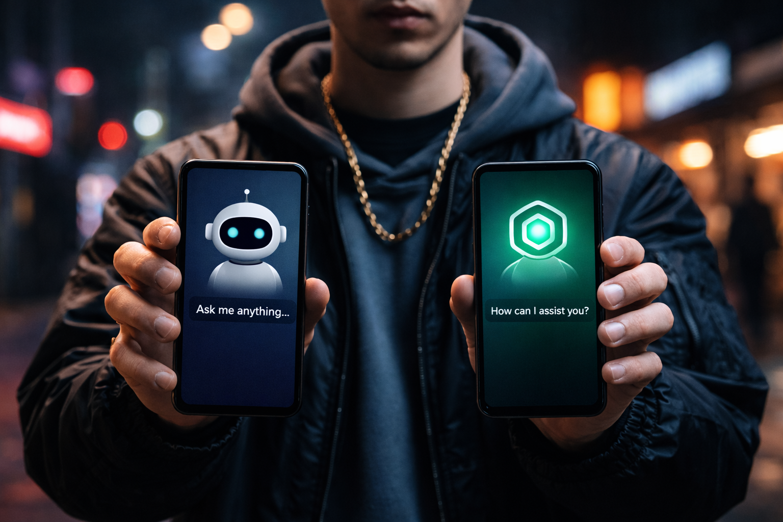 A person holding two phones, representing users switching between AI tools